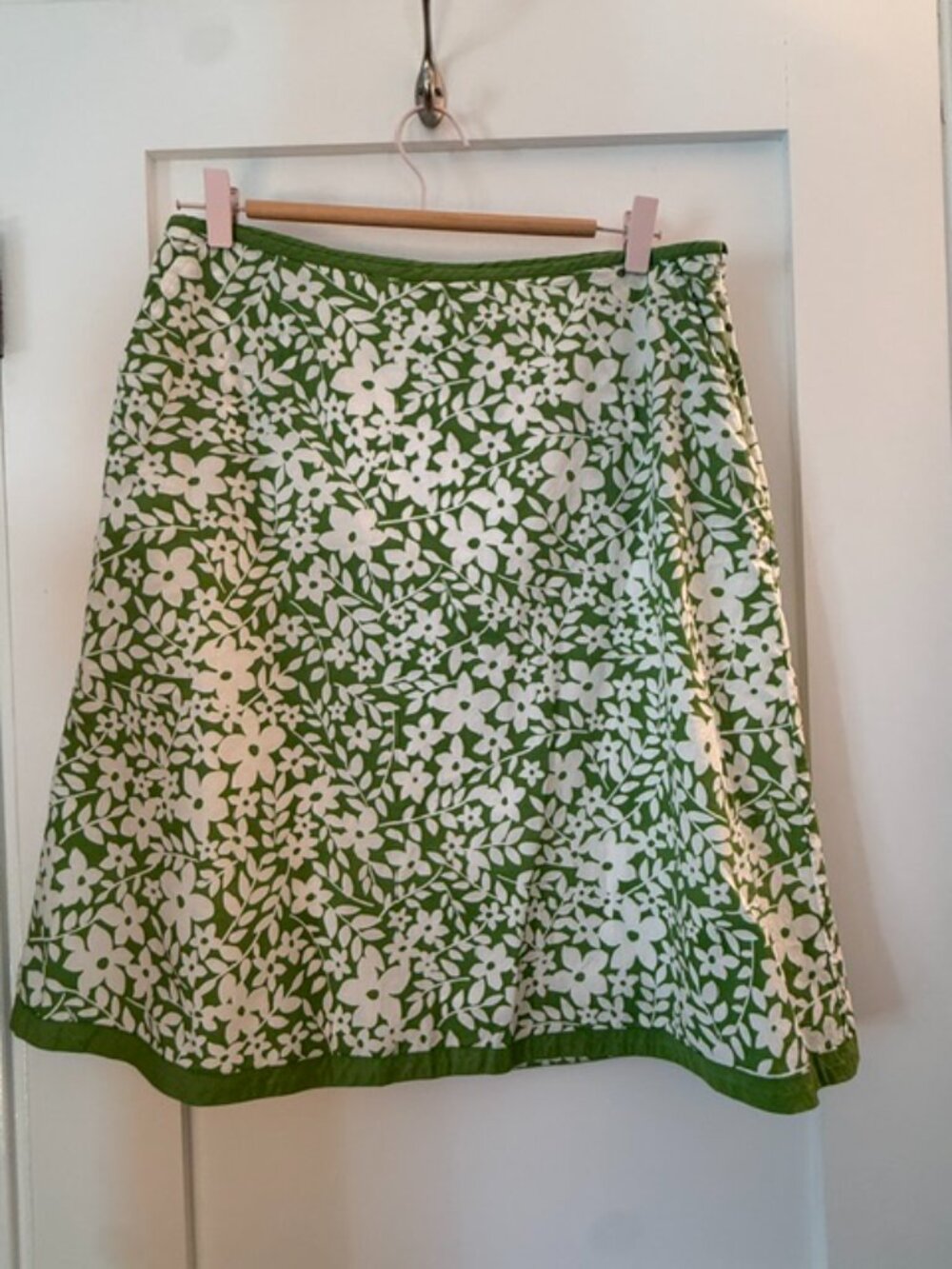 VTG L.L. Bean Green White Floral Cotton A-Line Skirt 12
